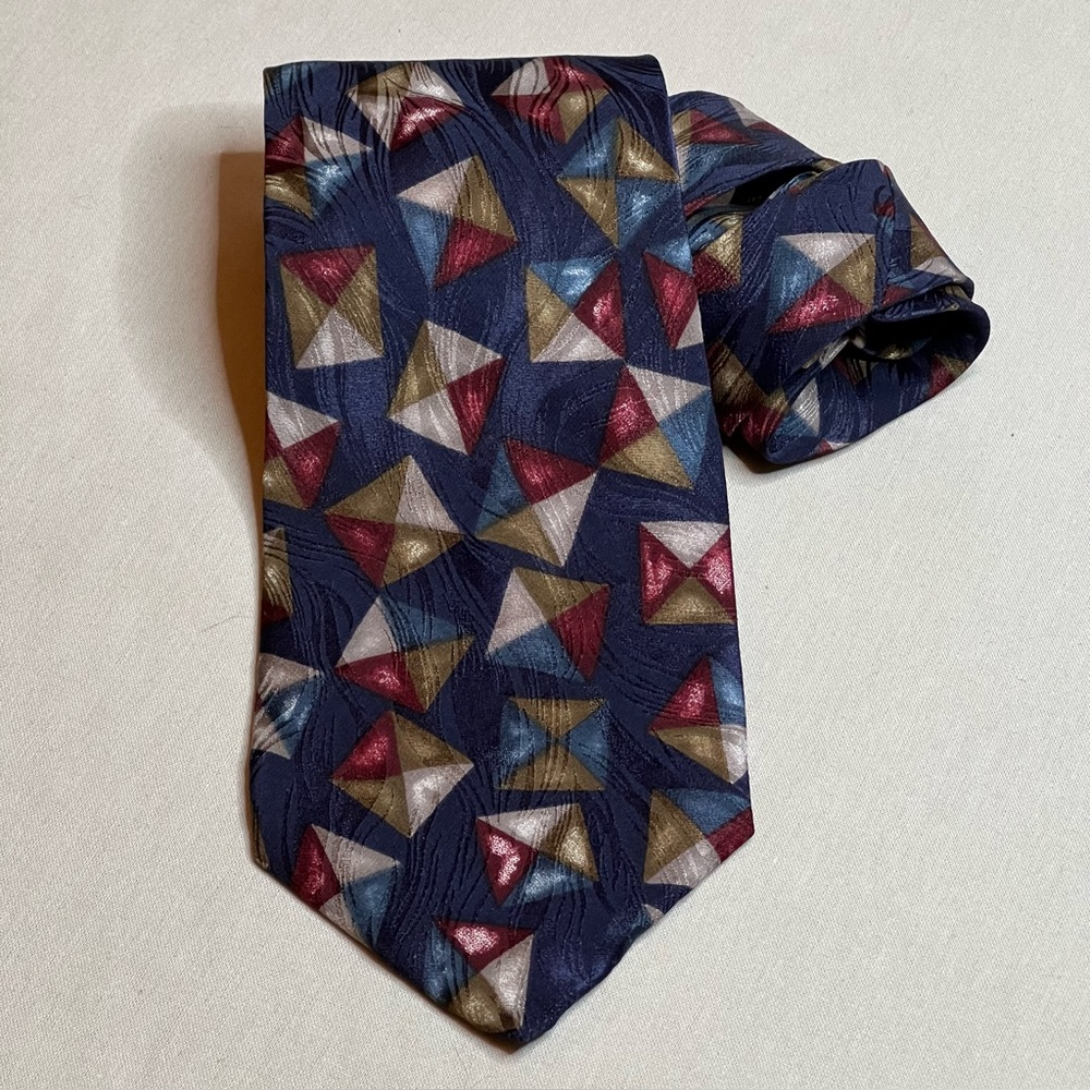 Emilio Pucci Geometric Patterned Blue Silk Tie in Blue, Red, and Gold